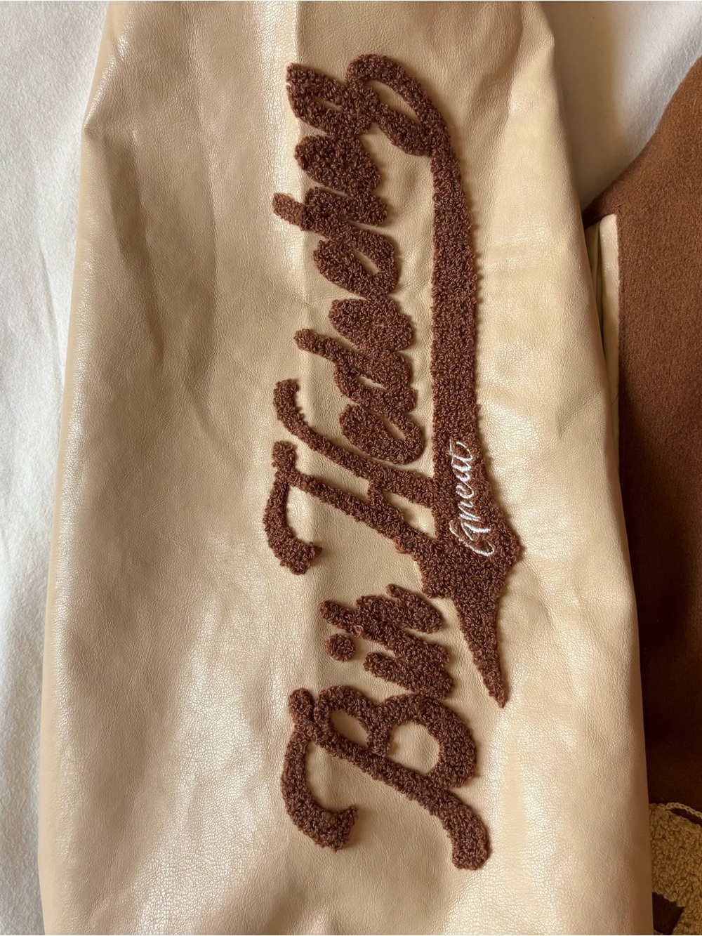 Aelfric Eden Towel Embroidery Varsity Jacket Brown Cream Oversized L - Picture 9 of 15
